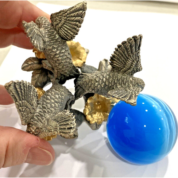 Blue Glass Crystal Ball Paperweight Silver & Gold Metal Hummingbird Orb Holder - Picture 5 of 10